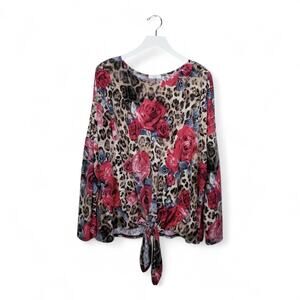EASEL los angeles Roses Floral Animal Print Pullover Tie-Front Tunic Top Size M